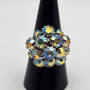 Vintage Sarah Coventry Peacock AB Crystal Adjustable Cluster Ring